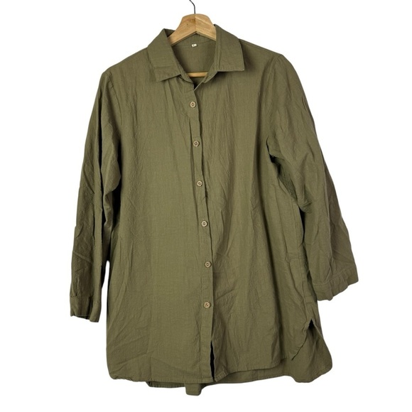 Boutique Olive Green Relaxed Fit Cotton Long Sleeve Button Down L - Picture 1 of 4